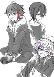  3boys ;d ahoge bad_id bad_pixiv_id blue_hair blush collarbone commentary_request drawstring fuwa_minato fuwa_minato_(1st_costume) hair_between_eyes hood hood_down hooded_jacket hoodie jacket long_sleeves looking_at_viewer majors_(nijisanji) male_focus mayuzumi_kai mayuzumi_kai_(1st_costume) monochrome multicolored_hair multiple_boys nijisanji one_eye_closed open_clothes open_jacket open_mouth pants parted_lips purple_hair red_hair saegusa_akina saegusa_akina_(1st_costume) shirt shoes simple_background sleeves_past_wrists smile spot_color streaked_hair turtleneck virtual_youtuber white_background yamabukiiro 