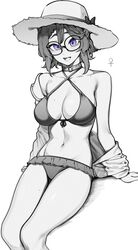  :d absurdres arm_support bikini blue_eyes breasts female genderswap_(mtf) glasses greyscale hat highres indie_virtual_youtuber kushizaki_(vtuber) large_breasts limited_palette monochrome rule_63 sitting smile solo spot_color st_(youx1119) straw_hat swimsuit venus_symbol virtual_youtuber 