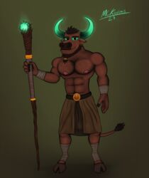  5_fingers absurd_res anthro beard_ring bovid bovine cattle clothed clothing ear_piercing european_mythology fingers glowing glowing_eyes glowing_horn greek_mythology hi_res hooves horn male mammal mckodimus minotaur mythology nipples piercing solo staff tail 