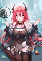  1other arknights black_dress black_jacket black_thighhighs breasts cleavage demon_horns detached_collar doctor_(arknights) dress female food highres holding holding_food horns ice_cream ice_cream_cone infection_monitor_(arknights) jacket large_breasts long_hair oerba_yun_fang open_mouth popsicle purple_eyes red_hair saiko_(saisaka) skin_fang speech_bubble spoken_character surtr_(arknights) tears thighhighs v-shaped_eyebrows 