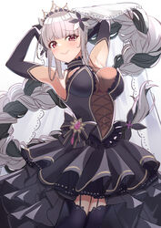  absurdres alfou_(wixoss) arms_up black_dress black_garter_straps black_gloves black_thighhighs blunt_bangs blush braid braided_ponytail breasts closed_mouth commentary_request covered_navel cowboy_shot cross-laced_clothes cross-laced_dress dress elbow_gloves female flower frilled_dress frills garter_straps gloves grey_hair hair_flower hair_ornament high-low_skirt highres large_breasts long_hair looking_at_viewer multicolored_hair oekaki_zombie plunging_neckline red_eyes see-through see-through_midriff short_dress sidelocks single_braid smile solo streaked_hair thighhighs tiara veil very_long_hair white_veil wixoss 