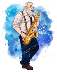  1boy bara beard bulge collared_shirt daisukebear denim facial_hair full_body glasses highres instrument jeans long_beard looking_at_viewer looking_to_the_side loose_necktie male_focus mature_male music necktie old old_man original pants pectorals playing_instrument receding_hairline saxophone shirt short_hair solo standing tenor_saxophone thick_eyebrows white_hair wrinkled_skin 