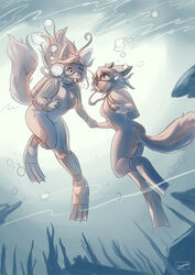  absurd_res anthro breasts canid canine canis diving diving_fins domestic_dog duo eyewear female female/female goggles hand_holding hi_res mammal ocaritna ocaritna_(character) okane_akemi scuba underwater water wetsuit wolf 