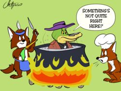  2021 4:3 alligatorid anthro boil brok_(brok_the_investigator) brok_the_investigator canid canine chef_hat clothing cooking cooking_with_furs cooking_with_scalies cowcat_games crocodilian dialogue english_text fox green_body group hat headgear headwear hi_res male mammal reptile scalie shirt sobieniak text topwear 