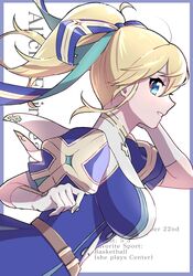  alicia_fairhead armed_fantasia blonde_hair blue_eyes breasts character_name english_text female flower gloves highres large_breasts long_hair looking_at_viewer ponytail sako_(namocake) solo white_gloves 