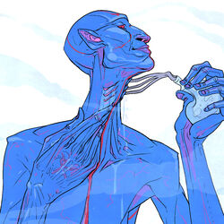  1:1 6_fingers blue_body blue_skin digital_media_(artwork) dovin_baan fingers front_view gills haifisch_ehrlich half-length_portrait hi_res holding_object humanoid humanoid_pointy_ears lips looking_down male nude portrait simple_background solo vein water 