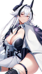  absurdres asymmetrical_clothes asymmetrical_coat asymmetrical_dress azur_lane between_legs black_hair black_straps breasts cleavage cleavage_cutout clothing_cutout coat cross-laced_footwear female fur_shawl hair_intakes hand_between_legs highres kursk_(azur_lane) large_breasts long_hair multicolored_hair necktie partially_unbuttoned seele0907 shawl side_slit sitting solo thigh_strap two-tone_dress two-tone_hair white_background 