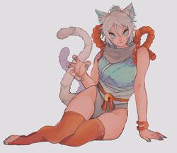  :3 animal_ears animification apex_legends bad_id bad_twitter_id barefoot blue_eyes blue_nails blue_shirt bracelet cat_ears cat_girl cat_tail claw_pose demon&#039;s_whisper_wraith female green_panties grey_background grey_scarf hair_bun highres jewelry kemonomimi_mode multiple_tails nail_polish nekomata oinu-chan panties red_thighhighs scarf shirt single_hair_bun sitting sleeveless sleeveless_shirt smile solo tail thighhighs toenail_polish toenails underwear wraith_(apex_legends) 