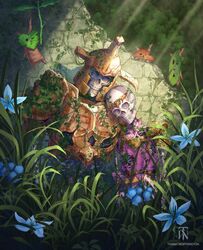  armor artist_name bone dress flower forest hair_ornament helmet hero&#039;s_shade highres korok link nature outdoors plant princess_zelda signature skeleton sunlight the_legend_of_zelda the_legend_of_zelda:_twilight_princess tommy_worthington vines wall 