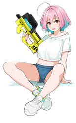  ahoge aqua_hair blue_shorts blush breasts bullpup commentary_request crop_top cropped_shirt female full_body gun haseneko hero_shot_(splatoon_2) highres holding holding_weapon idolmaster idolmaster_cinderella_girls midriff multicolored_hair oerba_yun_fang open_mouth p90 pink_eyes pink_hair shadow shirt shoes short_hair short_shorts short_sleeves shorts simple_background sitting sneakers solo submachine_gun two-tone_hair weapon white_background white_shirt yumemi_riamu 