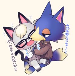  animal_crossing anthro blonde_hair blue_body blue_fur blush canid canine canis domestic_cat duo eyewear felid feline felis fur glasses grey_body grey_fur hair interspecies japanese_text male male/male mammal nintendo nobinolife on_lap raymond_(animal_crossing) text translation_check translation_request wolf wolfgang_(animal_crossing) 