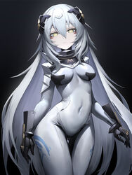  absurdres ass_visible_through_thighs black_background black_gloves bodysuit breasts chinese_commentary commentary covered_navel cowboy_shot expressionless female girls&#039;_frontline gloves grey_bodysuit grey_hair hair_between_eyes headgear highres long_hair looking_at_viewer medium_breasts nyto_(girls&#039;_frontline) paradeus simple_background skin_tight solo standing tareus_(girls&#039;_frontline) thigh_gap very_long_hair white_hair ye_yemail yellow_eyes 