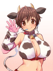  animal_collar animal_ears armpits bell bikini blush breasts brown_hair cleavage collar cow_ears cow_horns cow_tail elbow_gloves fake_animal_ears female gloves gradient_background headset highres horns idolmaster idolmaster_cinderella_girls james_(jms-pnt) large_breasts looking_at_viewer navel neck_bell oikawa_shizuku pink_gloves print_bikini short_hair simple_background smile solo swimsuit tail upper_body waving 