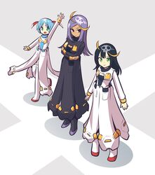  3girls absurdres black_hair blue_hair commentary core_fighter crossbone_gundam crossbone_gundam_x-1 crossbone_gundam_x-2 crossbone_gundam_x-3 crossed_arms green_eyes gundam highres humanization ishiyumi multiple_girls purple_hair red_eyes science_fiction smile v-fin waving 