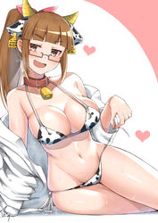  :d absurdres aged_up animal_ears animal_print bell bikini blunt_bangs breasts brown_eyes brown_hair collar collarbone commentary_request cow_ears cow_horns cow_print ear_tag fake_animal_ears fake_horns female heart highres horns idolmaster idolmaster_cinderella_girls ikebukuro_akiha large_breasts long_hair mabanna medium_hair navel neck_bell open_mouth ponytail red_collar shirt signature sitting smile solo sweat swimsuit thighs white_shirt 