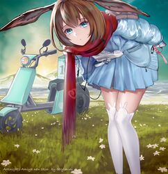  amiya_(arknights) amiya_(fresh_fastener)_(arknights) animal_ear_legwear animal_ears arknights artist_name berylmini blue_coat blue_eyes blue_skirt brown_hair character_name coat commentary_request copyright_name english_commentary feet_out_of_frame female flower grass headlight leaning_forward looking_at_viewer mixed-language_commentary motor_vehicle mountainous_horizon official_alternate_costume outdoors over-kneehighs rabbit_ears red_scarf scarf scooter short_hair skirt sky solo standing thighhighs white_flower white_thighhighs 