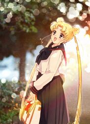  :d anxflower bad_id bad_pixiv_id bishoujo_senshi_sailor_moon bishoujo_senshi_sailor_moon_stars black_eyes black_neckwear black_sailor_collar black_skirt blonde_hair collared_shirt day double_bun female floating_hair hair_bun hair_intakes highres holding juuban_high_school_uniform lens_flare long_hair long_skirt long_sleeves open_mouth outdoors pleated_skirt sailor_collar sailor_shirt school_uniform serafuku shirt skirt smile solo standing tsukino_usagi twintails very_long_hair white_shirt 