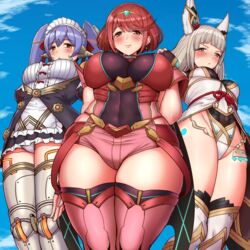  3girls android animal_ears black_gloves blunt_bangs breasts cat_ears chest_jewel earrings facial_mark fingerless_gloves gloves grey_hair highleg highleg_leotard jewelry large_breasts leotard long_hair low_twintails maid multiple_girls nia_(blade)_(xenoblade) nia_(xenoblade) poppi_(xenoblade) poppi_qt_(xenoblade) pyra_(xenoblade) red_eyes red_hair red_legwear red_shorts short_hair short_shorts shorts swept_bangs thighhighs tiara twintails tyranu very_long_hair xenoblade_chronicles_(series) xenoblade_chronicles_2 yellow_eyes 