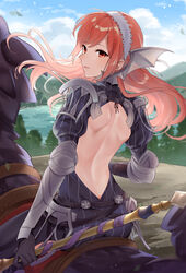  armor armored_dress ass axe back back_cutout backless_dress backless_outfit black_dress black_gloves blue_sky cherche_(fire_emblem) closed_mouth clothing_cutout cloud commentary_request commission day dragon dress female fire_emblem fire_emblem_awakening floating_hair gloves hairband haru_(nakajou-28) holding holding_axe holding_weapon lace_hairband long_hair looking_at_viewer minerva_(fire_emblem_awakening) outdoors pink_eyes pink_hair riding skeb_commission sky striped_clothes striped_dress vertical_stripes weapon white_hairband wing_hair_ornament wyvern 