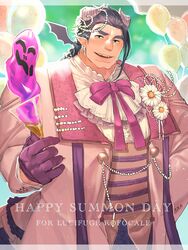  1boy ascot balloon bara bat_wings beads blush border bow commentary_request daisy english_text fangs fangs_out flower formal glass gloves green_background green_eyes highres horns liquid long_hair lucifuge_(housamo) male_focus muscular muscular_male open_mouth pink_bow pink_suit purple_gloves purple_hair shiratori_yokikana smile solo suit thick_eyebrows tokyo_afterschool_summoners transparent_border upper_body white_border wings 