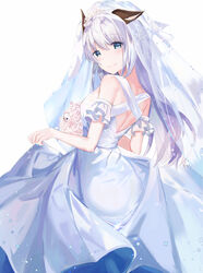  absurdres animal_ears bare_shoulders blue_eyes breasts bridal_veil bride cat_ears dedeko detached_sleeves dress female flower frilled_sleeves frills grey_hair hair_between_eyes hair_ornament highres long_hair looking_at_viewer looking_back multicolored_hair original parted_bangs pink_flower purple_hair rilakkuma san-x simple_background skirt_hold smile snowflakes solo streaked_hair tiara two-tone_hair veil wedding_dress white_background white_dress white_hair 