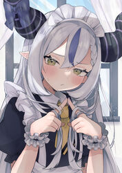  absurdres alternate_costume blush braid enmaided female frills highres hololive horns la+_darknesss long_hair looking_at_viewer maid maid_headdress multicolored_hair necktie nemuta_muu pointy_ears purple_hair solo streaked_hair striped_horns two-tone_hair very_long_hair virtual_youtuber white_hair wrist_cuffs yellow_eyes 