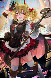  :d absurdres animal_ear_fluff animal_ears arknights black_gloves black_shirt black_skirt blonde_hair boots cape commentary feet_out_of_frame female frilled_skirt frills gloves hair_between_eyes hand_up highres holding holding_microphone_stand jumbowhopper looking_at_viewer microphone_stand necktie oerba_yun_fang open_mouth red_eyes red_necktie red_skirt shirt skirt smile solo sora_(arknights) standing thighhighs twintails two-tone_skirt white_footwear white_sleeves white_thighhighs wolf_ears 