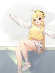  :d absurdres ahoge bare_legs blonde_hair breasts collared_shirt commentary crop_top crop_top_overhang female hamburger_hat hat highres jingburger korean_commentary long_hair long_sleeves looking_at_viewer medium_breasts midriff miniskirt navel open_mouth outstretched_arms pleated_skirt red_eyes shirt shoes sitting skirt smile sneakers socks solo stomach thighs very_long_hair virtual_youtuber waktaverse white_footwear white_shirt white_skirt white_socks yellow_shirt ziro_(zirorong) 