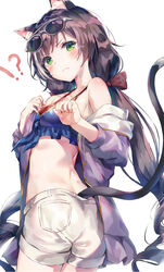  !? animal_ear_fluff animal_ears ass bare_shoulders bikini bikini_top_only black_hair blue_bikini cat_ears cat_girl cat_tail cowboy_shot duplicate eyewear_on_head female green_eyes halterneck highres huwari_(dnwls3010) jacket karyl_(princess_connect!) karyl_(summer)_(princess_connect!) long_hair looking_at_viewer low_twintails multicolored_hair off_shoulder open_clothes open_jacket pixel-perfect_duplicate princess_connect! purple_jacket short_shorts shorts simple_background solo streaked_hair sunglasses sweat swimsuit tail tearing_up twintails v-shaped_eyebrows very_long_hair white-framed_eyewear white_background white_shorts 