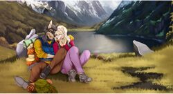  absurd_res alisa-walker anthro boots camp camping canid canine canis clothing country detailed_background duo eyebrows female fingers footwear fur grass grey_body grey_fur hi_res letterbox male male/female mammal plant romantic sasha_zura_(chaos_leader) smile 