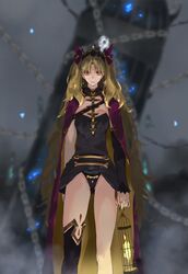  asymmetrical_legwear asymmetrical_sleeves blonde_hair cage chains cloak detached_sleeves dress earrings ereshkigal_(fate) expressionless fate/grand_order fate_(series) female hair_ornament hair_ribbon highres holding holding_cage jewelry kdm_(ke_dama) long_hair looking_at_viewer orange_eyes panties red_cloak red_ribbon ribbon solo tiara twintails two-sided_cloak two-sided_fabric underwear yellow_cloak 