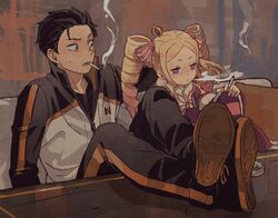  1boy absurdres arm_around_shoulder ashtray beatrice_(re:zero) black_eyes black_hair black_shirt blonde_hair butterfly-shaped_pupils cigarette commentary_request crown drill_hair eyelashes female hair_ribbon highres holding holding_cigarette iwamushi jacket legs_on_table looking_at_another mini_crown mouth_hold natsuki_subaru pants pink_ribbon purple_eyes re:zero_kara_hajimeru_isekai_seikatsu ribbon shirt shoes short_hair sidelocks smoking sweatdrop symbol-shaped_pupils track_jacket twin_drills zipper_pull_tab 