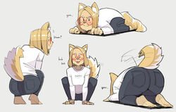  :3 all_fours animal_ears ass barefoot blonde_hair blush breasts denim dog_(ohasi) dog_ears dog_girl dog_tail english_text female forehead from_behind full_body furry furry_female glasses grey_background jeans long_sleeves medium_breasts medium_hair multiple_views ohasi original pants round_eyewear simple_background squatting sweater tail tail_wagging tongue tongue_out white_sweater 