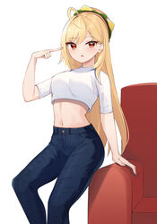  :o absurdres ahoge blonde_hair blue_pants breasts commentary crop_top crop_top_overhang denim female hamburger_hat hand_up hat highres jingburger korean_commentary long_hair looking_at_viewer medium_breasts midriff navel pants parted_lips pointing pointing_at_self red_eyes shirt solo stomach very_long_hair virtual_youtuber waktaverse white_shirt ziro_(zirorong) 