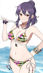  absurdres bikini breasts cleavage cowboy_shot female fruit_pattern glasses highres holding holding_removed_eyewear large_breasts long_hair mole mole_on_breast purple_hair red_eyes rin_(senran_kagura) senran_kagura sidelocks solo striped_bikini striped_clothes surippa1010 swimsuit unworn_eyewear 