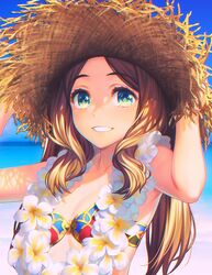  alternate_costume bikini bikini_top_only blue_eyes brown_hair fate/grand_order fate_(series) female flower flower_necklace hands_on_headwear hat lei leonardo_da_vinci_(fate) leonardo_da_vinci_(rider)_(fate) leonardo_da_vinci_(swimsuit_ruler)_(fate) long_hair official_art outdoors simosi straw_hat swimsuit 