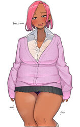  blush breasts cleavage collared_shirt dark-skinned_female dark_skin earrings english_text female highres jewelry large_breasts legs_together looking_at_viewer ohasi original panties pink_(ohasi) pink_hair plump school_uniform shirt short_hair simple_background skirt solo sweat tongue underwear white_background 