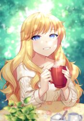  bare_shoulders beige_sweater blonde_hair blue_eyes blurry blurry_foreground blush breasts coffee_mug collarbone commentary_request cup female highres holding holding_cup idolmaster idolmaster_cinderella_girls idolmaster_cinderella_girls_starlight_stage jenevan large_breasts long_hair long_sleeves looking_at_viewer mug ohtsuki_yui parted_lips plant smile solo table wavy_hair 