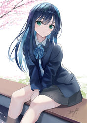  ashiyu blazer blue_hair blush closed_mouth collared_shirt female foot_bath green_eyes hands_on_lap highres jacket long_hair looking_at_viewer may9 original school_uniform shirt signature sitting skirt solo thighs water 