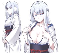  blue_eyes blunt_bangs breasts cleavage collarbone commentary_request earmuffs expressionless female highres japanese_clothes kimono long_hair medium_breasts multiple_views obi original parted_lips sash simple_background undressing upper_body very_long_hair white_background white_hair white_kimono wide_sleeves yagi_(ningen) yuki_onna yukimi_(yagi) 