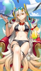  alternate_costume ball beachball bikini black_bikini blue_ribbon blue_sky braid breasts chair cleavage cloud crossed_bangs crossed_legs cup day drink earrings eyewear_on_head fate/grand_order fate_(series) female fingernails globe gradient_hair hair_between_eyes hair_ribbon holding holding_ball holding_cup homunculus_(alchemynote) horns jewelry long_hair looking_at_viewer medium_breasts multicolored_hair navel ocean official_art olga_marie_animusphere orange_eyes orange_hair outdoors ribbon single_braid single_horn sitting sky smile solo sunglasses swimsuit third-party_source two-tone_hair u-olga_marie very_long_hair water white_hair yellow_horns 