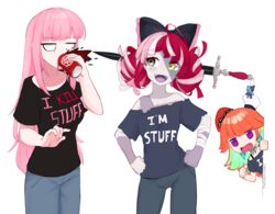  3girls :d alternate_costume bandaged_arm bandages black_bow black_shirt bow brand_name_imitation choker clothes_writing colored_inner_hair colored_skin commentary contrapposto denim diamond-shaped_pupils diamond_(shape) double_bun dr_pepper drinking english_commentary english_text green_choker green_eyes green_hair grey_pants grey_shirt grey_skin hair_bun hairbow hat heterochromia highres hololive hololive_english hololive_indonesia i&#039;m_stuff_(meme) impaled jeans jitome kureiji_ollie long_hair looking_at_another looking_to_the_side meme mori_calliope multicolored_hair multicolored_skin multiple_girls off-shoulder_shirt off_shoulder open_mouth orange_hair pants patchwork_skin peeking_out pink_hair pointing pointing_at_self purple_eyes red_hair red_headwear ribbon_choker shirt short_sleeves sideways_glance signature simple_background smile spit_take spitting stitched_arm stitched_face stitches streaked_hair sword symbol-shaped_pupils takanashi_kiara virtual_youtuber weapon white_background wide-eyed x_x yellow_eyes yoako zombie 