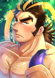  1boy absurdres antenna_hair bara beard blonde_hair blush brown_hair chest_hair eggplant facial_hair green_eyes halo halo_behind_head highres kageru_(mofnyan) long_hair long_sideburns looking_at_viewer male_focus mature_male multicolored_hair muscular muscular_male nude pectorals sexually_suggestive sideburns solo streaked_hair stubble sweatdrop thick_eyebrows tokyo_afterschool_summoners upper_body yamasachihiko_(housamo) 