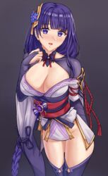  bare_shoulders braid breasts cleavage commentary_request detached_collar female genshin_impact hair_ornament japanese_clothes kimono large_breasts long_hair long_sleeves looking_at_viewer low-braided_long_hair low-tied_long_hair mole mole_under_eye obi off_shoulder partial_commentary purple_eyes purple_hair purple_kimono purple_thighhighs raiden_shogun sarhce sash solo thighhighs thighs wide_sleeves 