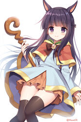  animal_ear_fluff animal_ears black_hair black_thighhighs blue_dress blunt_bangs blush bow breasts brown_bow brown_capelet capelet closed_mouth commentary_request dog_ears dog_girl dress duplicate female holding holding_staff kasumi_(princess_connect!) long_hair long_sleeves looking_at_viewer mauve photoshop_(medium) pixel-perfect_duplicate princess_connect! purple_eyes simple_background sleeves_past_wrists smile solo split_mouth staff thighhighs twitter_username white_background wide_sleeves 