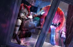  ahya_(legend_of_ahya) alternative_fashion anthro canid canine canis collar female glistening hi_res hotel hotel_room legend_of_ahya looking_through looking_through_window mammal medaya petting punk punk_hair rain_on_window reflection sitting solo tail tail_mouth taylor_renee_wolford_(darkflamewolf) tongue tongue_out unusual_anatomy unusual_tail water water_reflection window window_sill wolf yellow_eyes 