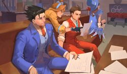  2boys 2girls ahoge apollo_justice apollo_justice:_ace_attorney athena_cykes black_eyes black_gloves blue_cape blue_eyes blue_headwear blue_neckwear blue_pants blue_suit blue_vest boots bracelet brown_hair cape desk fey45611127 formal gloves gyakuten_saiban hair_slicked_back hat highres indoors instrument jacket jewelry knee_boots long_hair monitor multiple_boys multiple_girls naruhodou_ryuuichi necktie pants paper phoenix_wright:_ace_attorney_-_dual_destinies piano pointing red_necktie red_pants red_vest short_hair side_ponytail sitting smile spiked_hair suit trucy_wright upright_piano vest white_footwear white_gloves yellow_jacket 