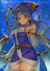  bare_shoulders blue_hair bracelet breasts celine_jules closed_mouth copyright_name detached_cape dress earrings elbow_gloves facial_mark female floating_cape floating_clothes forehead_mark gloves hat holding hoop_earrings jewelry kojijima leg_tattoo long_hair looking_at_viewer pointy_hat purple_dress purple_hair red_eyes smile solo star_ocean star_ocean_the_second_story tattoo thighhighs white_gloves white_thighhighs witch_hat 