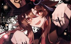  bad_id bad_twitter_id bead_bracelet beads black_hat black_nails bracelet brown_hair commentary female flower-shaped_pupils genshin_impact hair_between_eyes hat hu_tao_(genshin_impact) jewelry long_hair long_sleeves mikoccccchan multiple_rings nail_polish open_mouth red_eyes ring sidelocks solo symbol-only_commentary symbol-shaped_pupils tassel twintails twitter_username upper_body watermark 