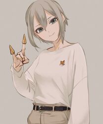  belt bugles_(food) bugles_on_fingers cowboy_shot deg_(deguana) female food_on_hand grey_background grey_eyes grey_hair hair_between_eyes hand_up highres idolmaster idolmaster_cinderella_girls looking_at_viewer shiomi_syuko shirt shirt_tucked_in simple_background solo white_shirt 